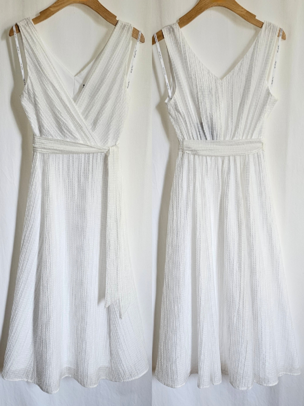 Halston White Sleeveless Seersucker Belted Flare Midi Dress - Picture 13 of 16
